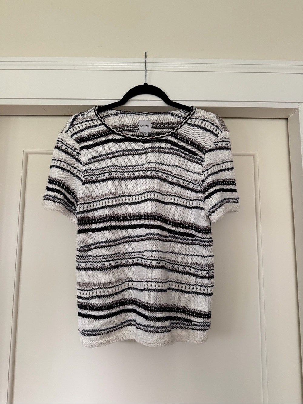 NIC+ZOE Cream Black Taupe Metallic Textured Stripe Short Sleeve Sweater Size L